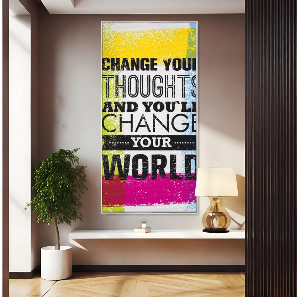 Tablou canvas cu tablou canvas cu mesaj motivational colorat, in rama de aluminiu argintiu